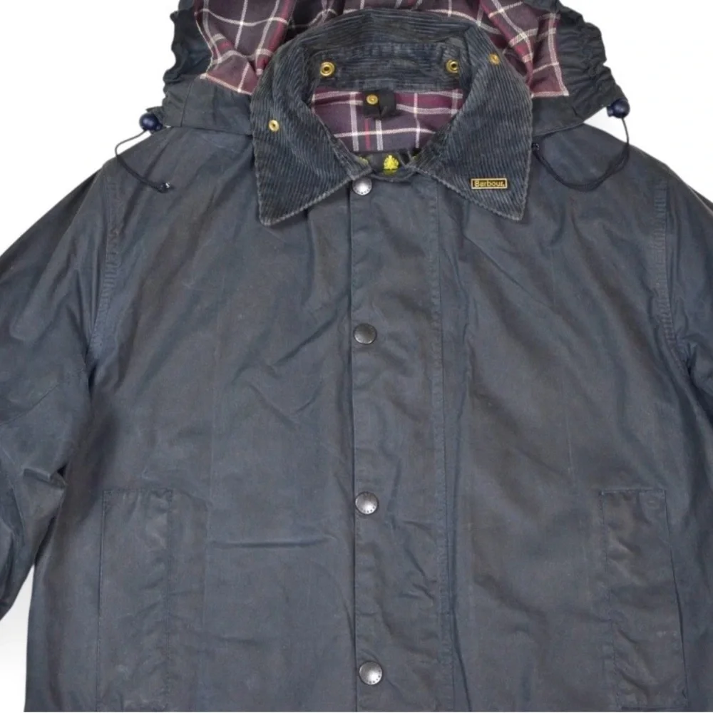 VTG Barbour Border Wax Jacket With Hood 1994 A205 Navy Blue Made In England C38 - Picture 5 of 16